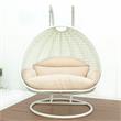 LeisureMod Outdoor White Wicker Hanging Double Egg Swing Chair in Beige
