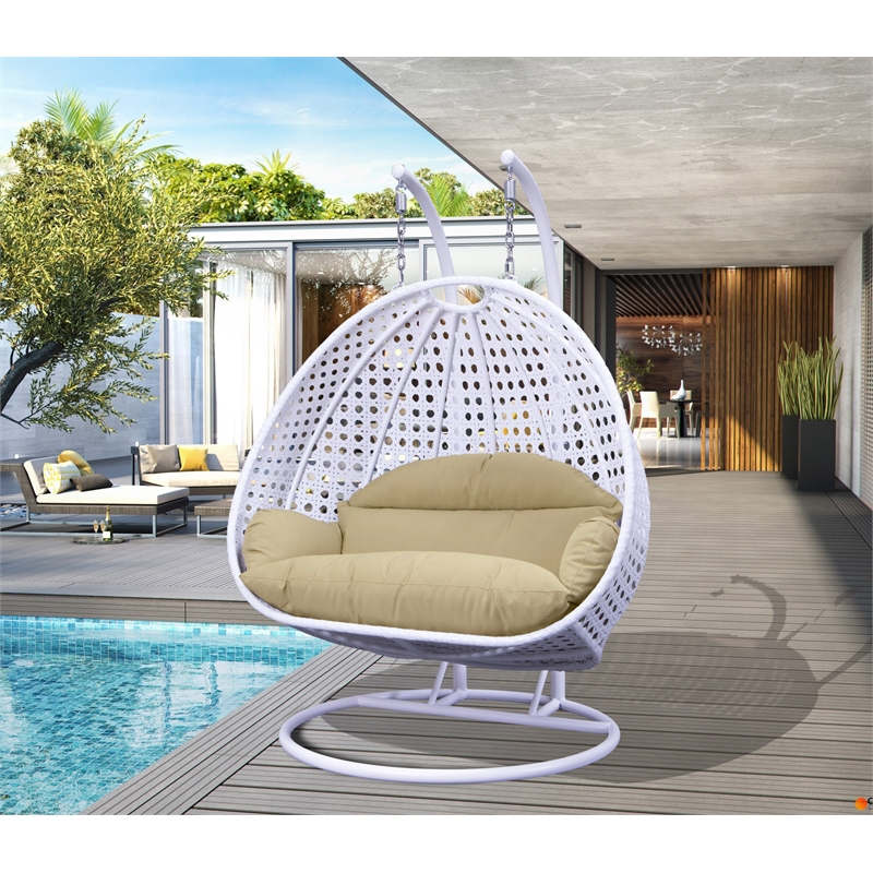 LeisureMod Outdoor White Wicker Hanging Double Egg Swing Chair in Beige