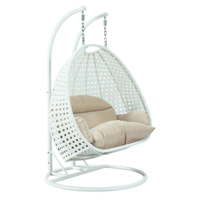 LeisureMod Outdoor White Wicker Hanging Double Egg Swing Chair in Beige
