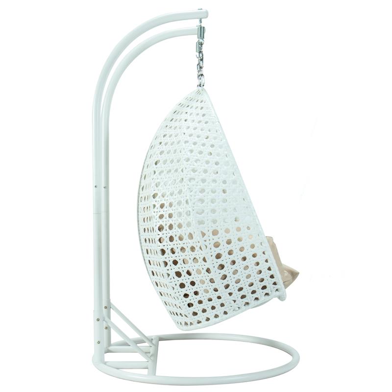 LeisureMod Outdoor White Wicker Hanging Double Egg Swing Chair in Beige