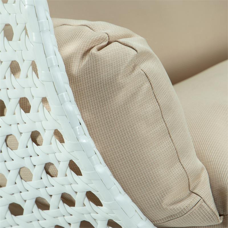 LeisureMod Outdoor White Wicker Hanging Double Egg Swing Chair in Beige