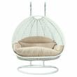 LeisureMod Outdoor White Wicker Hanging Double Egg Swing Chair in Beige