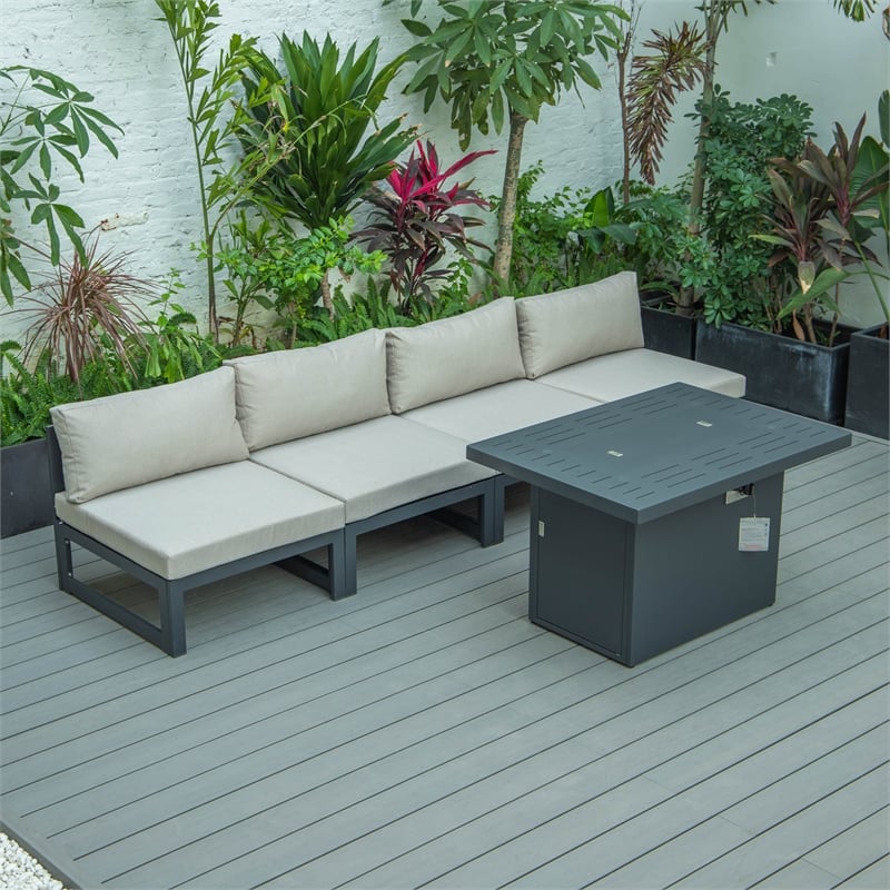 LeisureMod Chelsea 5-Piece Beige Armless Patio Chairs and Fire Pit Table Set