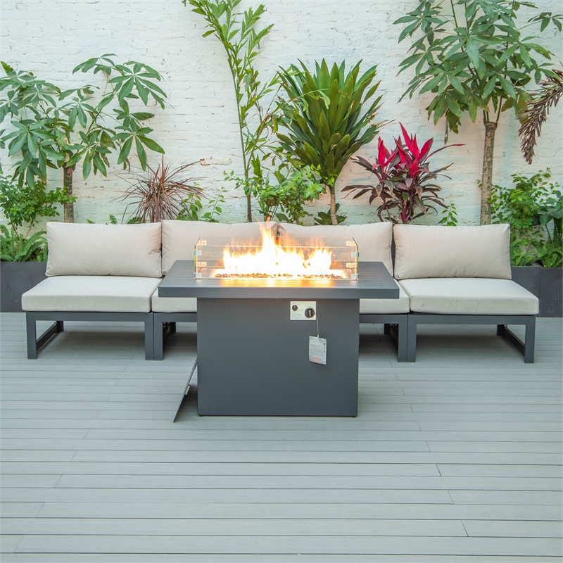 LeisureMod Chelsea 5-Piece Beige Armless Patio Chairs and Fire Pit Table Set