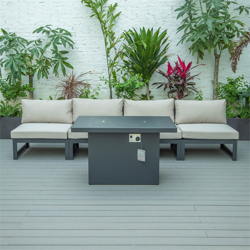 LeisureMod Chelsea 5-Piece Beige Armless Patio Chairs and Fire Pit Table Set