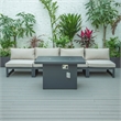 LeisureMod Chelsea 5-Piece Beige Armless Patio Chairs and Fire Pit Table Set