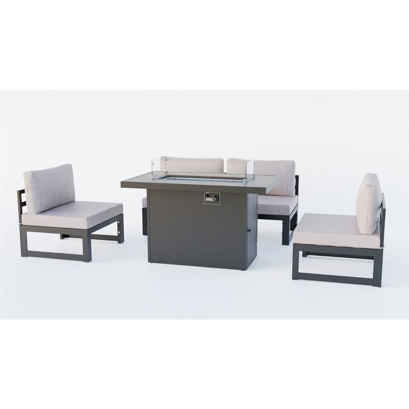 LeisureMod Chelsea 5-Piece Beige Armless Patio Chairs and Fire Pit Table Set