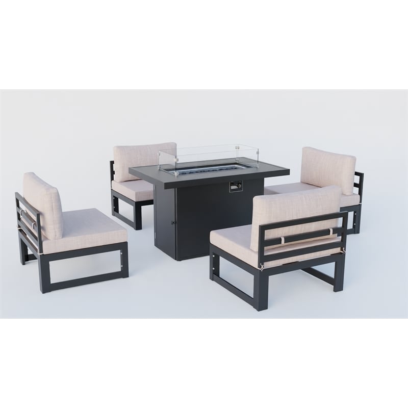 LeisureMod Chelsea 5-Piece Beige Armless Patio Chairs and Fire Pit Table Set