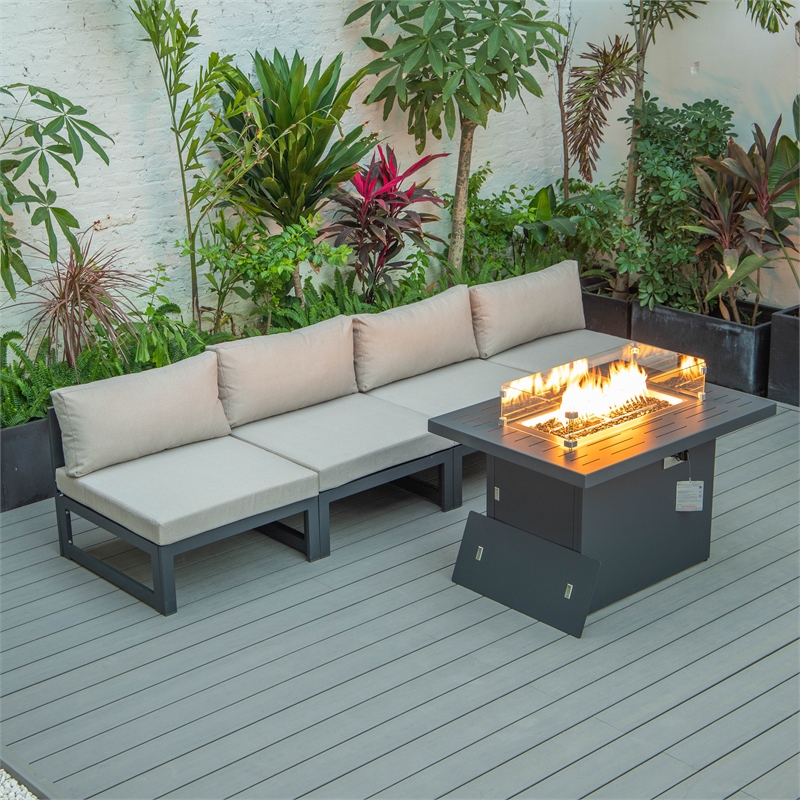 LeisureMod Chelsea 5-Piece Beige Armless Patio Chairs and Fire Pit Table Set