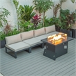 LeisureMod Chelsea 5-Piece Beige Armless Patio Chairs and Fire Pit Table Set