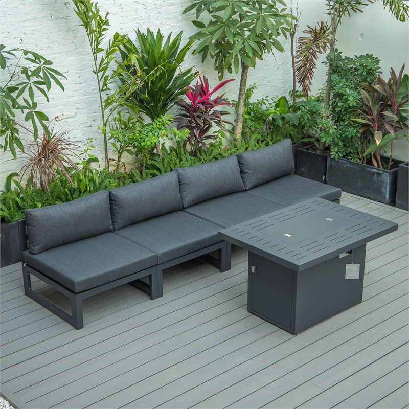 LeisureMod Chelsea 5-Piece Black Armless Patio Chairs and Fire Pit Table Set