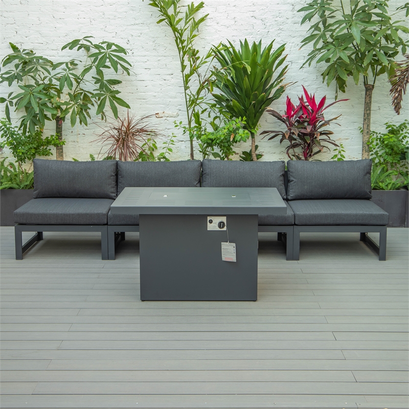 LeisureMod Chelsea 5-Piece Black Armless Patio Chairs and Fire Pit Table Set