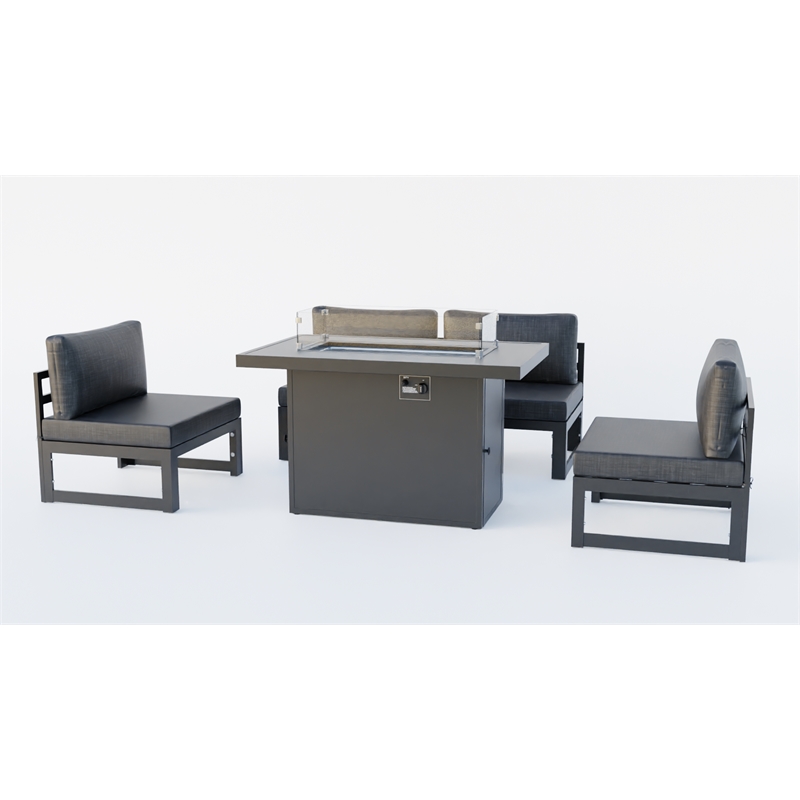 LeisureMod Chelsea 5-Piece Black Armless Patio Chairs and Fire Pit Table Set