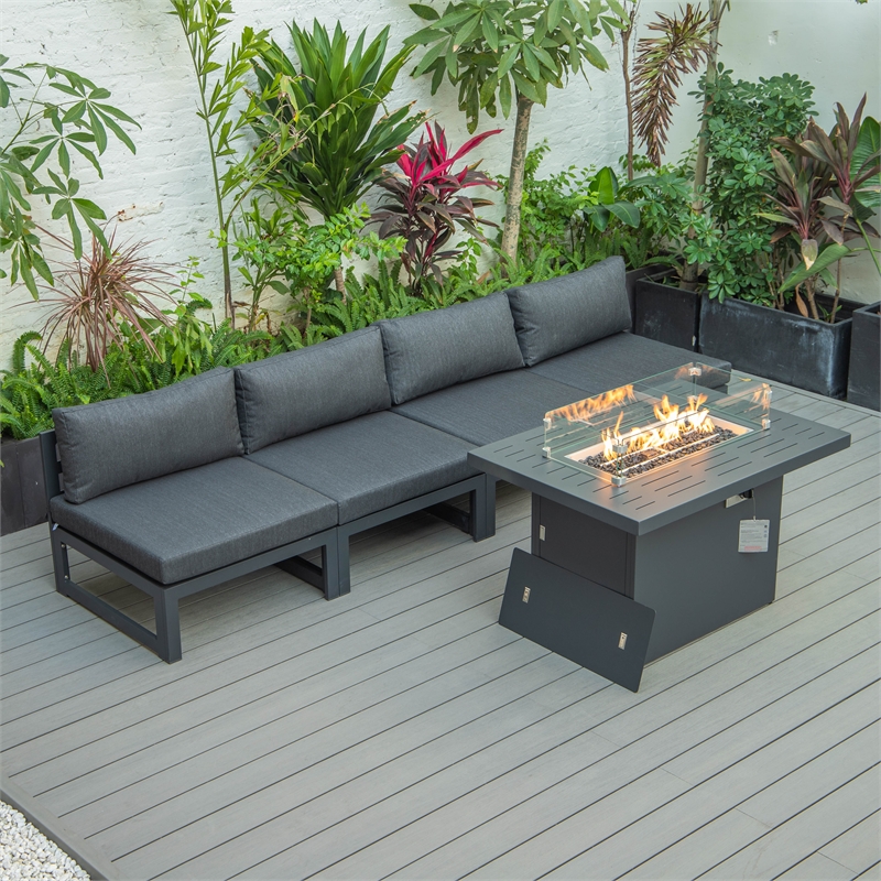 LeisureMod Chelsea 5-Piece Black Armless Patio Chairs and Fire Pit Table Set