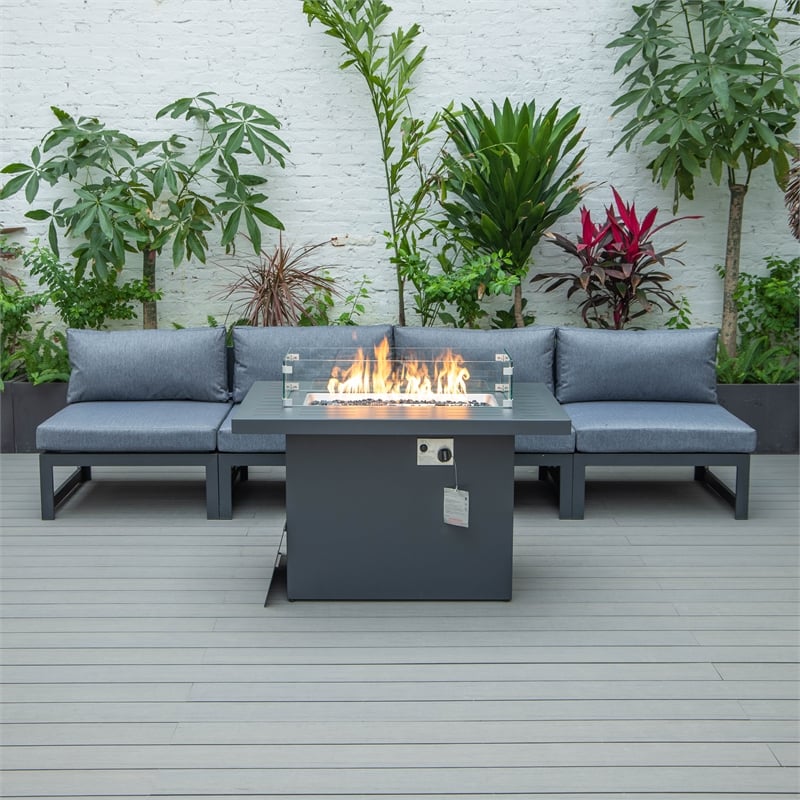 LeisureMod Chelsea 5-Piece Blue Armless Patio Chairs and Fire Pit Table Set