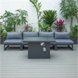 LeisureMod Chelsea 5-Piece Blue Armless Patio Chairs and Fire Pit Table Set