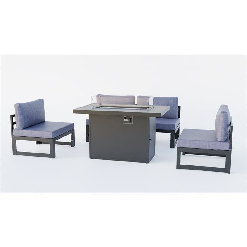 LeisureMod Chelsea 5-Piece Blue Armless Patio Chairs and Fire Pit Table Set