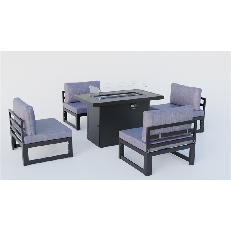 LeisureMod Chelsea 5-Piece Blue Armless Patio Chairs and Fire Pit Table Set