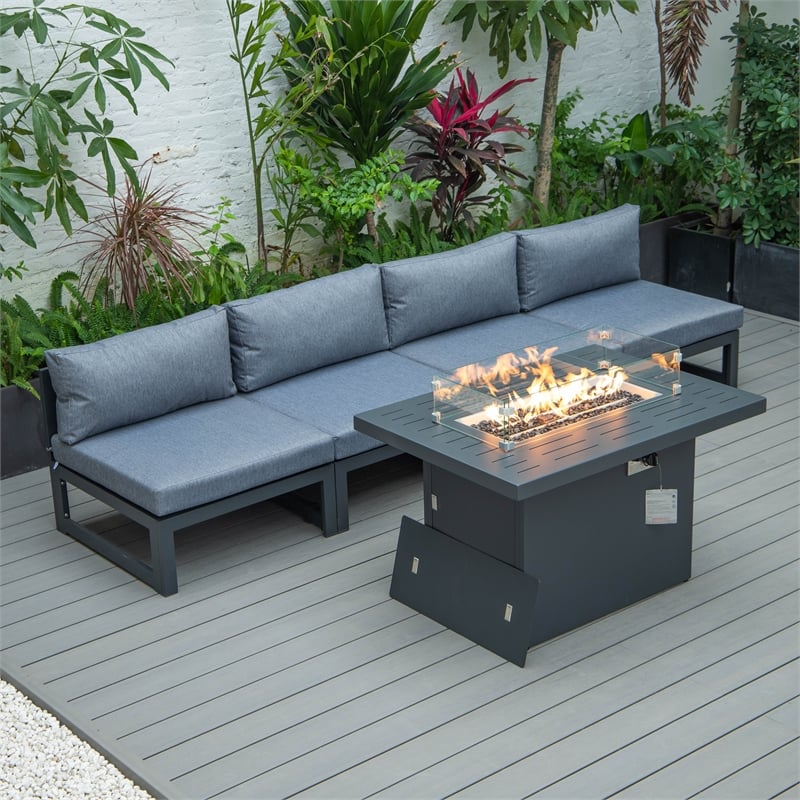 LeisureMod Chelsea 5-Piece Blue Armless Patio Chairs and Fire Pit Table Set