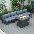 LeisureMod Chelsea 5-Piece Blue Armless Patio Chairs and Fire Pit Table Set