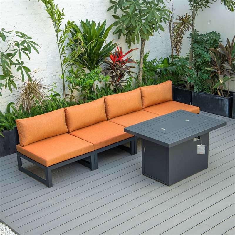 LeisureMod Chelsea 5-Piece Orange Armless Patio Chairs and Fire Pit Table Set