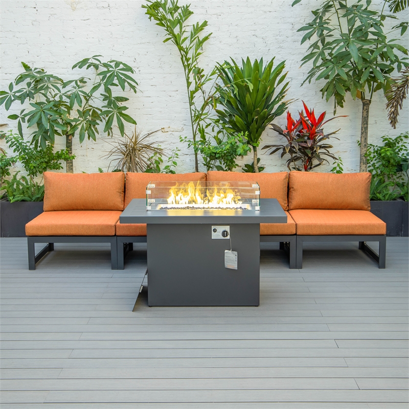 LeisureMod Chelsea 5-Piece Orange Armless Patio Chairs and Fire Pit Table Set