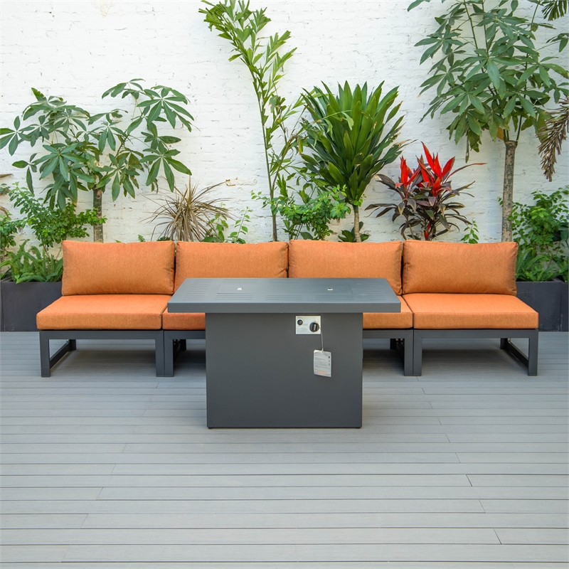 LeisureMod Chelsea 5-Piece Orange Armless Patio Chairs and Fire Pit Table Set