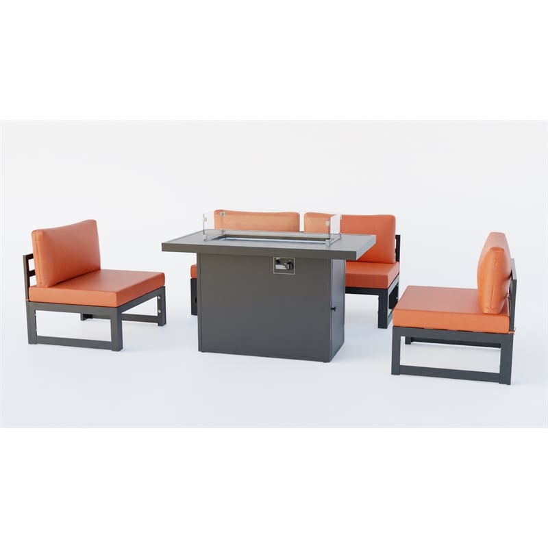 LeisureMod Chelsea 5-Piece Orange Armless Patio Chairs and Fire Pit Table Set
