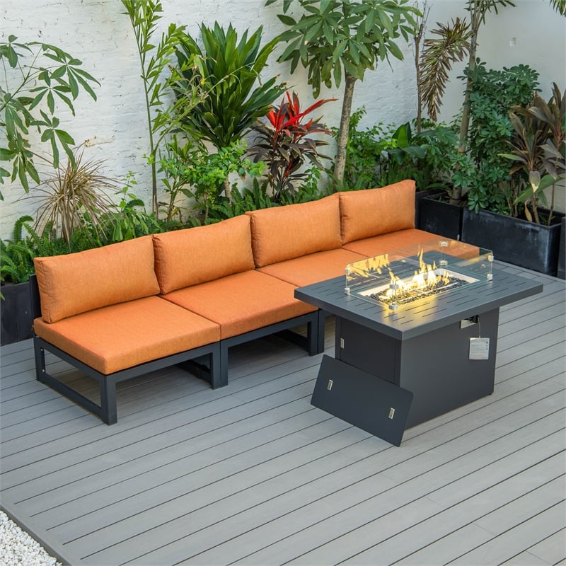 LeisureMod Chelsea 5-Piece Orange Armless Patio Chairs and Fire Pit Table Set