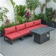 LeisureMod Chelsea 5-Piece Red Armless Patio Chairs and Fire Pit Table Set
