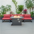 LeisureMod Chelsea 5-Piece Red Armless Patio Chairs and Fire Pit Table Set