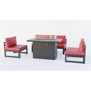 LeisureMod Chelsea 5-Piece Red Armless Patio Chairs and Fire Pit Table Set