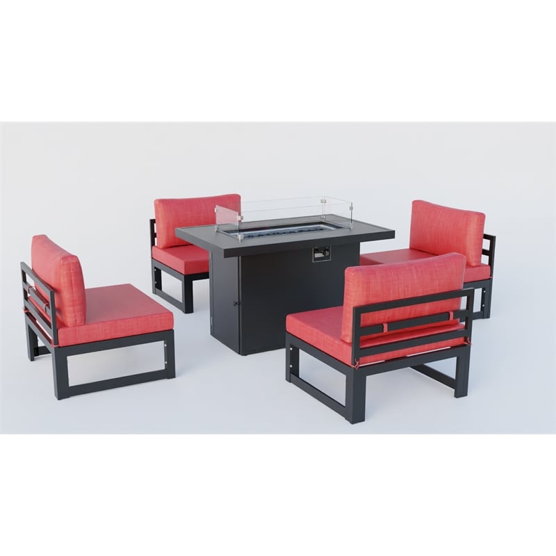 LeisureMod Chelsea 5-Piece Red Armless Patio Chairs and Fire Pit Table Set