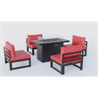 LeisureMod Chelsea 5-Piece Red Armless Patio Chairs and Fire Pit Table Set