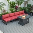 LeisureMod Chelsea 5-Piece Red Armless Patio Chairs and Fire Pit Table Set