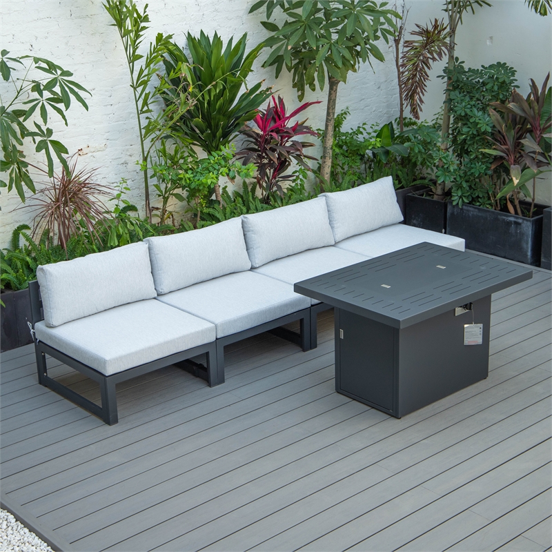 LeisureMod Chelsea 5-Piece Light Grey Patio Chairs and Fire Pit Table Set
