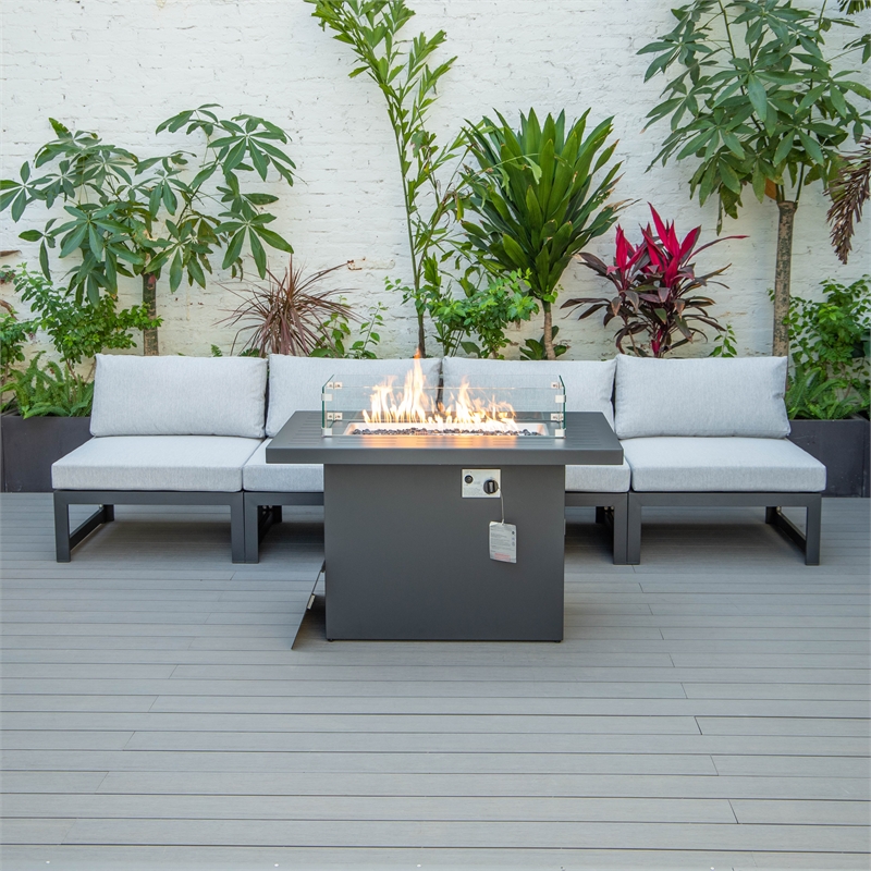 LeisureMod Chelsea 5-Piece Light Grey Patio Chairs and Fire Pit Table Set