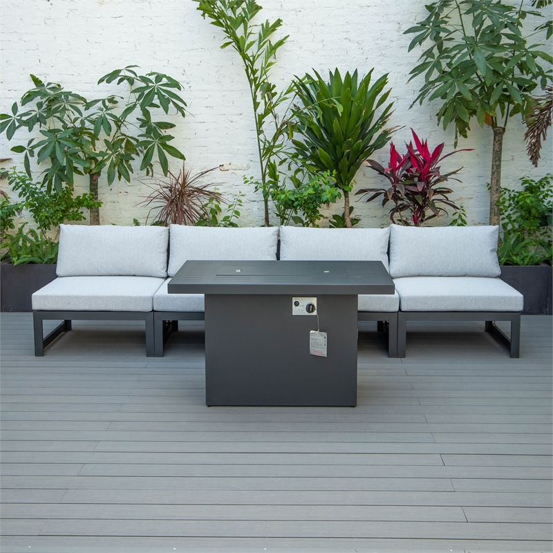LeisureMod Chelsea 5-Piece Light Grey Patio Chairs and Fire Pit Table Set