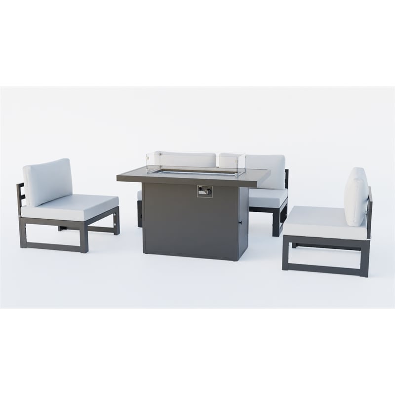 LeisureMod Chelsea 5-Piece Light Grey Patio Chairs and Fire Pit Table Set