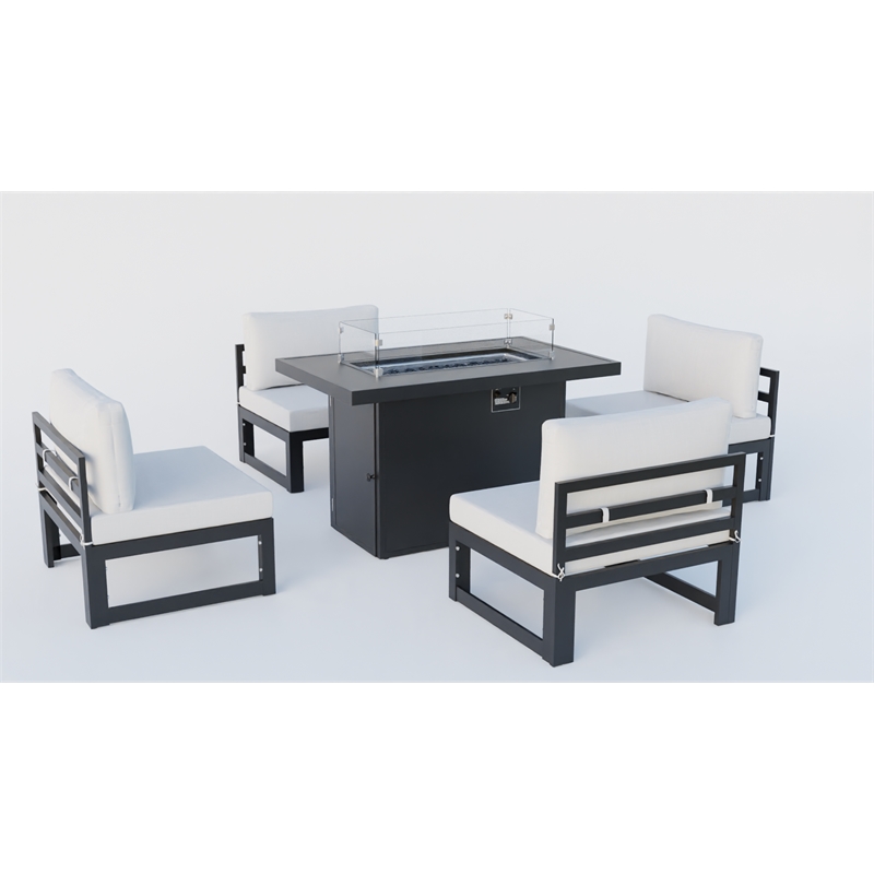 LeisureMod Chelsea 5-Piece Light Grey Patio Chairs and Fire Pit Table Set