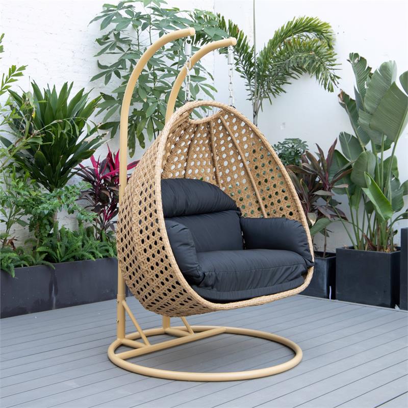 LeisureMod Mendoza Light Brown Wicker Patio Double Swing Chair in Black