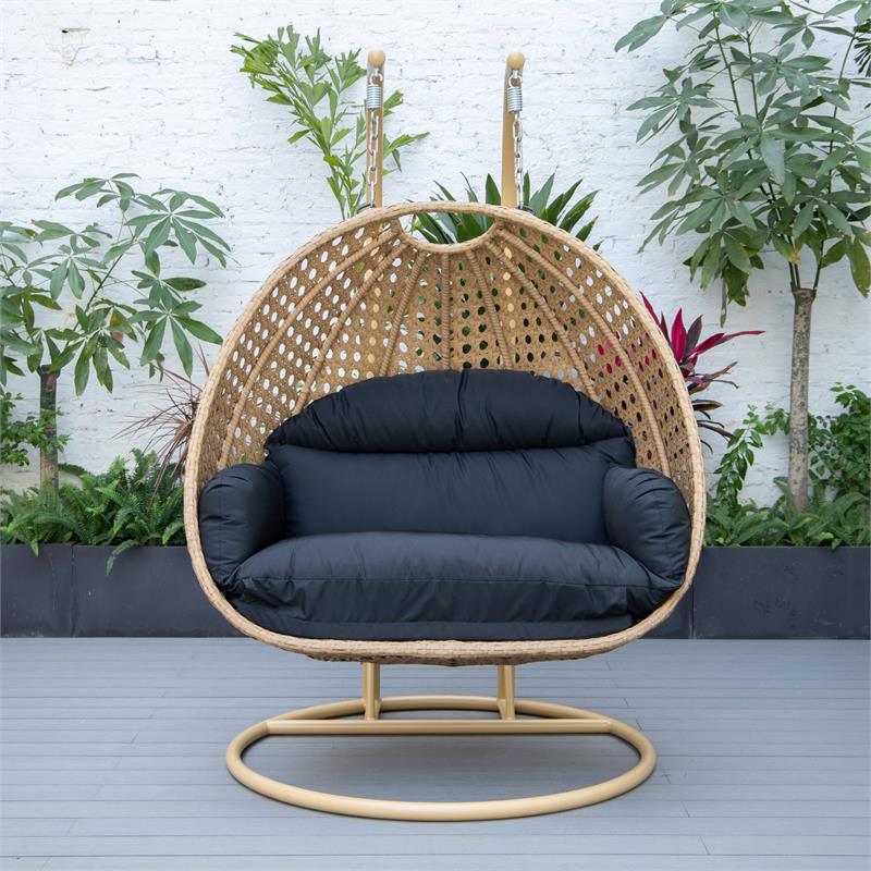 LeisureMod Mendoza Light Brown Wicker Patio Double Swing Chair in Black