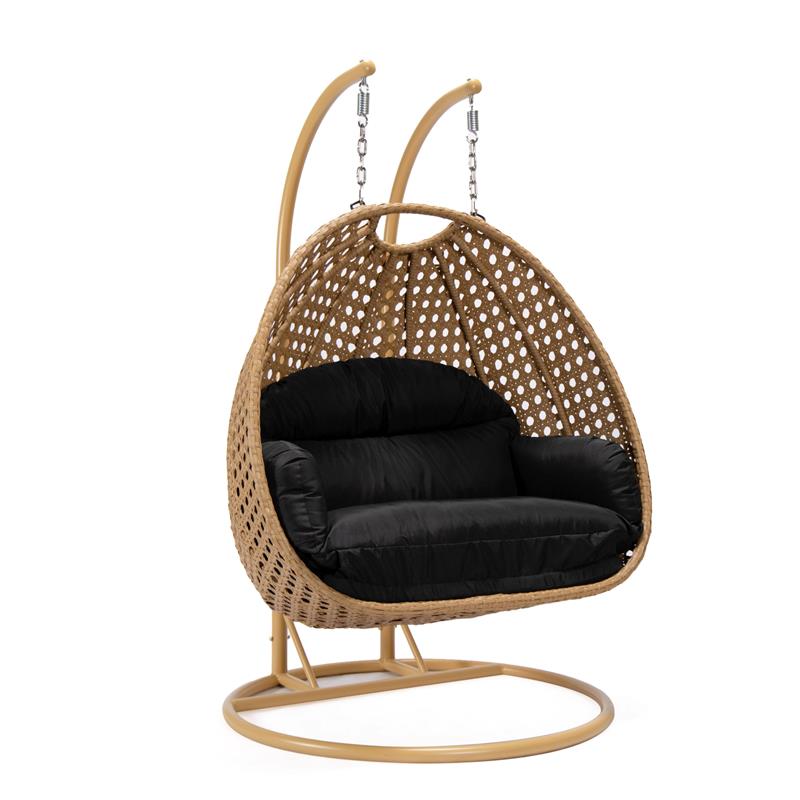 LeisureMod Mendoza Light Brown Wicker Patio Double Swing Chair in Black