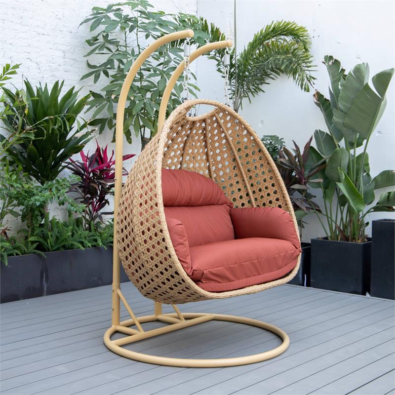 LeisureMod Mendoza Light Brown Wicker Patio Double Swing Chair in Cherry