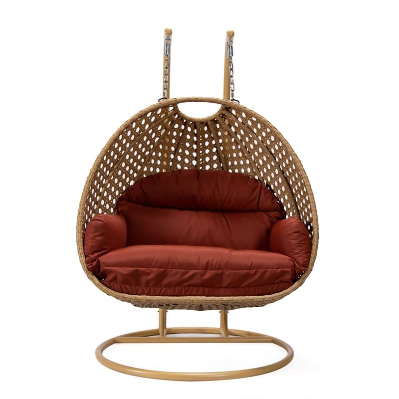 LeisureMod Mendoza Light Brown Wicker Patio Double Swing Chair in Cherry