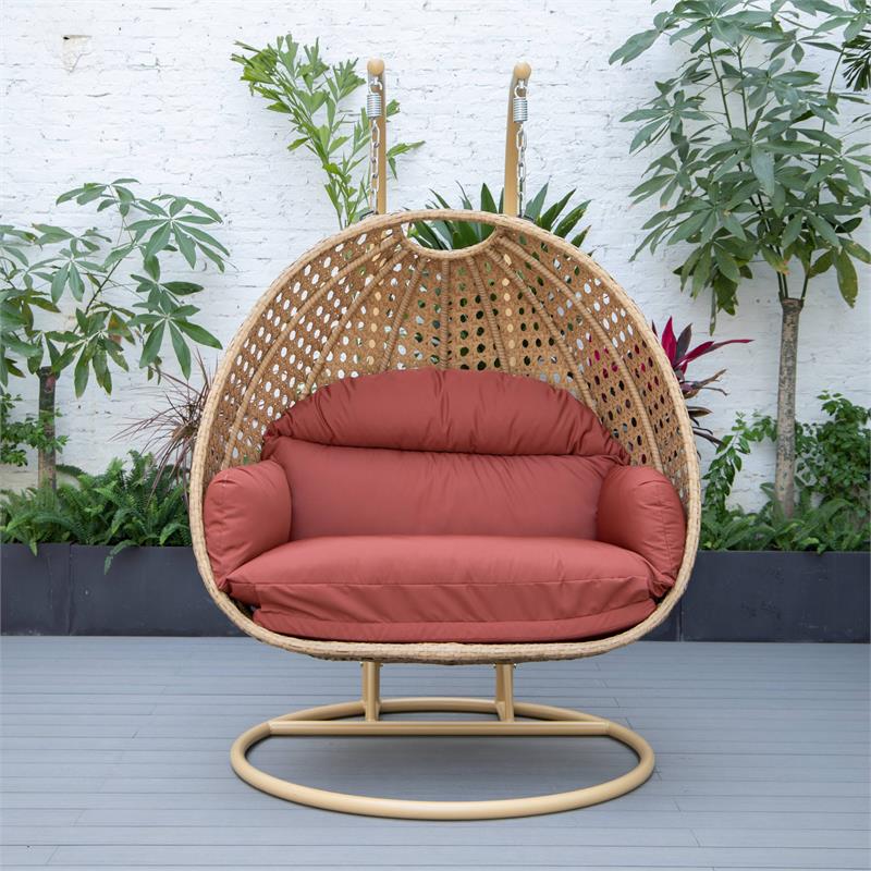 LeisureMod Mendoza Light Brown Wicker Patio Double Swing Chair in Cherry
