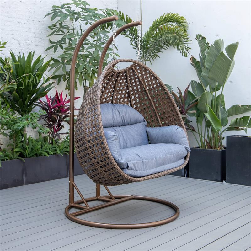 LeisureMod Mendoza Dark Brown Wicker Patio Double Swing Chair in Charcoal