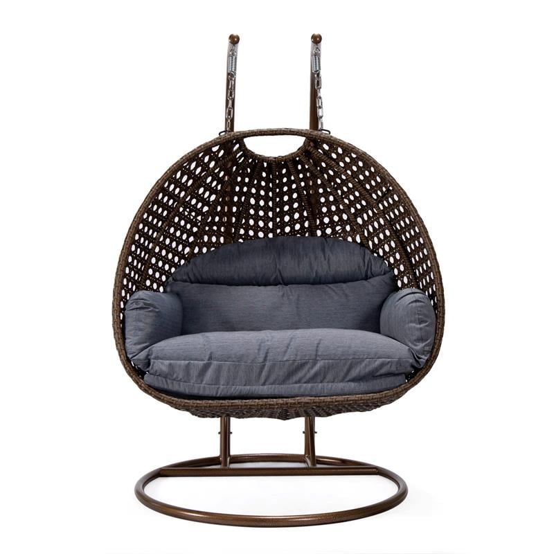 LeisureMod Mendoza Dark Brown Wicker Patio Double Swing Chair in Charcoal