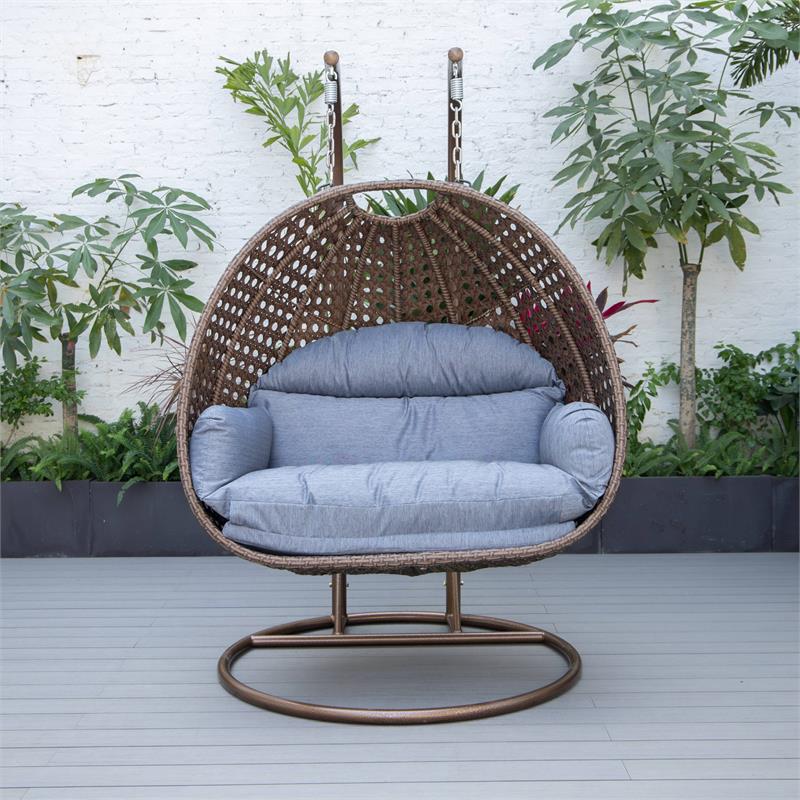 LeisureMod Mendoza Dark Brown Wicker Patio Double Swing Chair in Charcoal