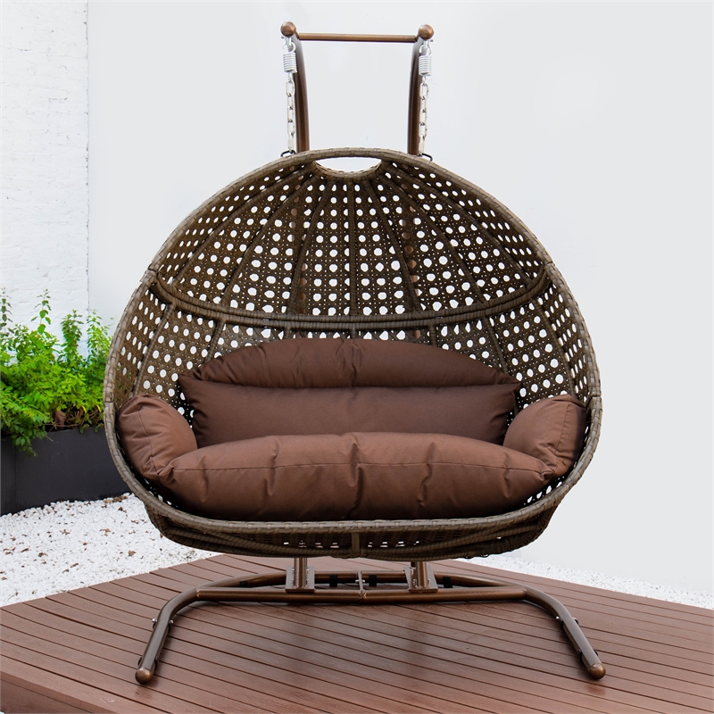 LeisureMod Beige Wicker Double 2 Person Hanging Egg Swing Chair in Dark Brown Cymax Business